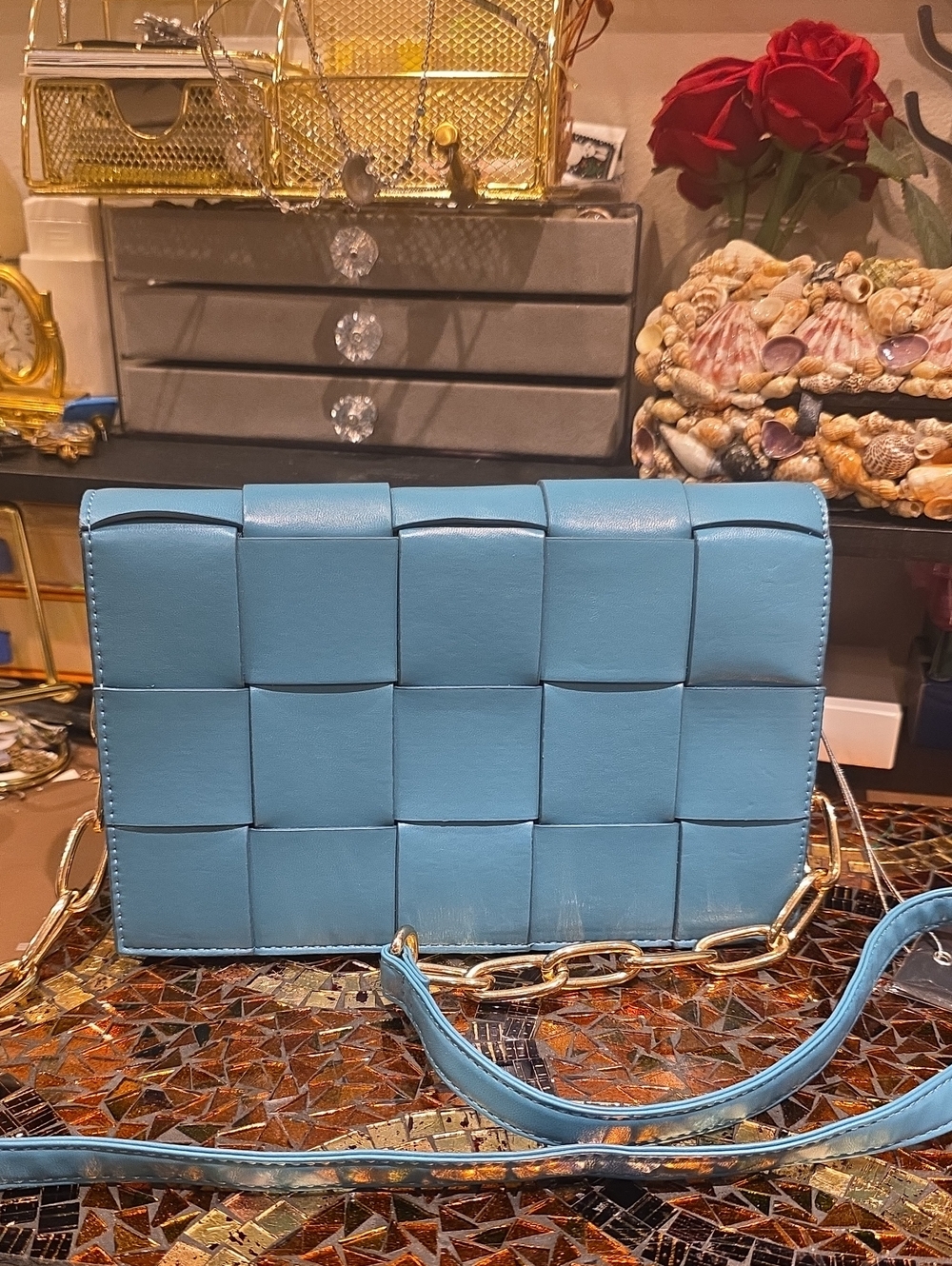 Woven Crossbody Bag in Light Blue with Gold Chain Detail